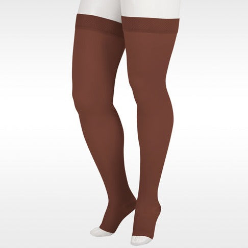 Juzo 2001 Soft Open Toe Thigh Highs w/Silicone Band 20-30 mmHg - Juzo 2001 Soft Open Toe Thigh Highs w/Silicone Band Border Chocolate