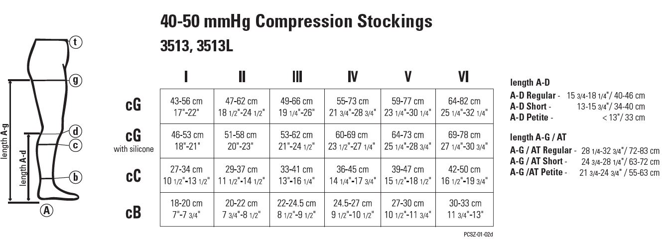 40-50mmHg Compression Stockings 3513, 3513L Size Chart