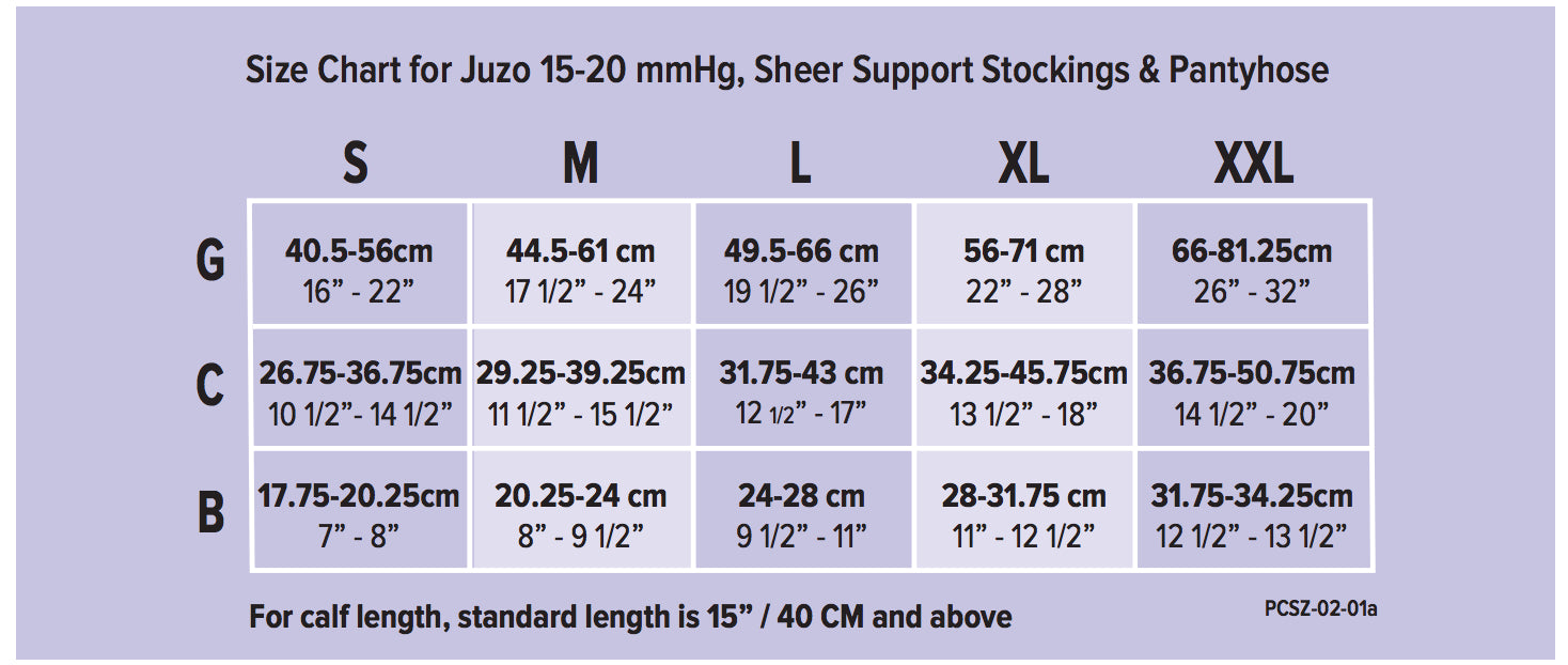 Juzo 15-20mmHg Sheer Support Hosiery Size Chart