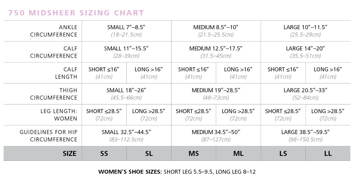 Sigvaris Style 750 Midsheer Sizing Chart