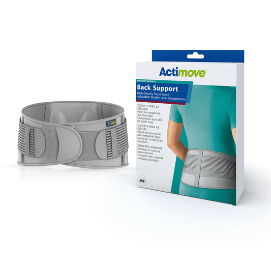 Actimove Back Support High-Density Foam Panel Adjustable Double Layer - A promotional image featuring Actimove Back Support product. On the left, there's a 3D view of a gray back support brace w/ adjustable straps & ventilation holes. A yellow tag indicates the brand name 'Actimove.' On the right, product is shown packaged in a box. The box has 'Actimove' branding at the top, an image of a person wearing the brace, & text highlighting features like High-Density Foam Panel' & 'Adjustable Double Layer Compression.' The background is white, emphasizing the product.