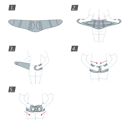 Instructional diagram for fitting a gray ActiMove back support belt. Image 1 shows the belt laid flat. Image 2 demonstrates the belt being held open around the lower back, with arrows indicating to wrap around the body. Image 3 depicts wrapping the belt around the waist. Image 4 illustrates tightening the belt with both hands, with arrows indicating the direction to pull. Image 5 shows the final step, securing the belt with hook-and-loop fasteners, indicated by red arrows.