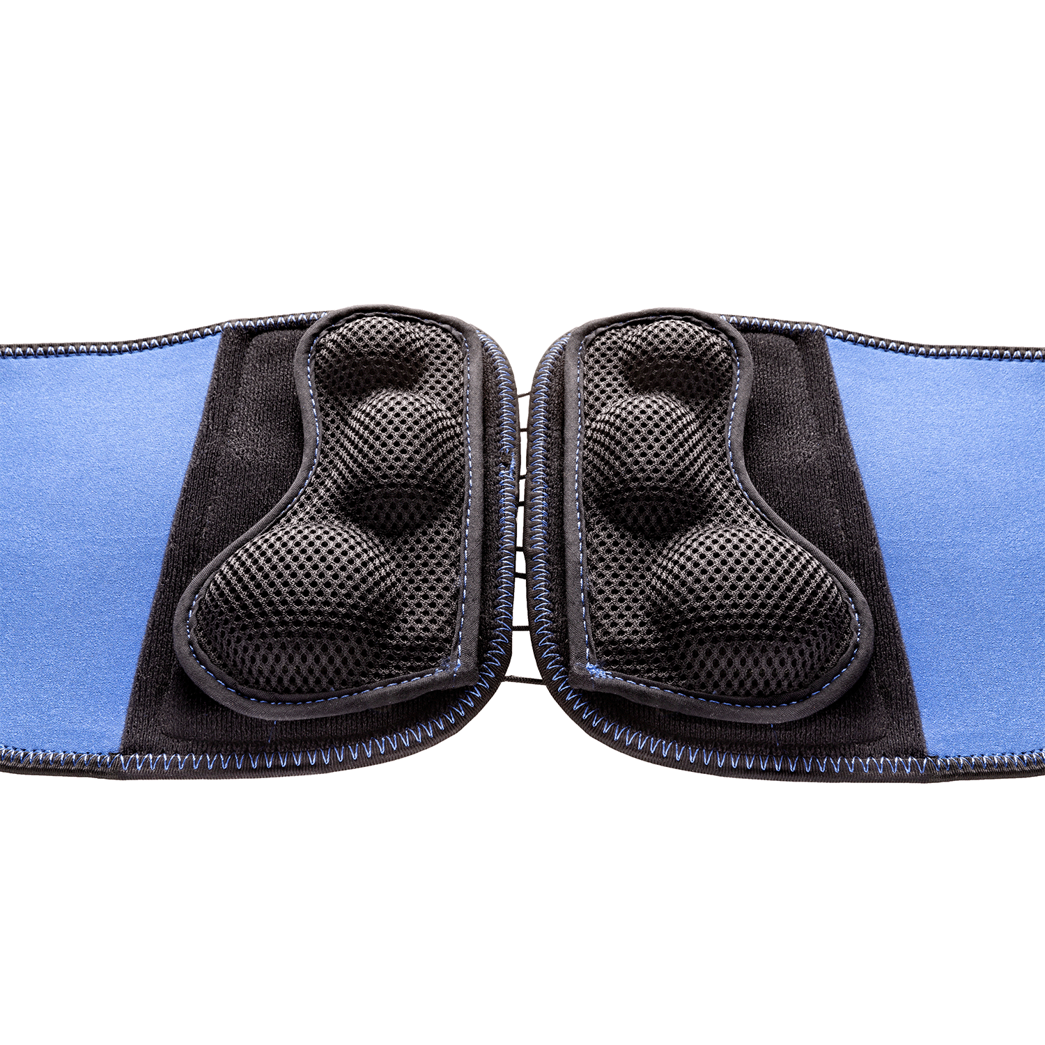 Actimove Sport Back Stabilizer Rigid Panel with Pressure Pads: Detail shot of the removable pressure pads that provide a relieving massage & the rigid back panel for additional strength and stability for the lumbar region. Product appears laid out flat and the camera is at an angle.