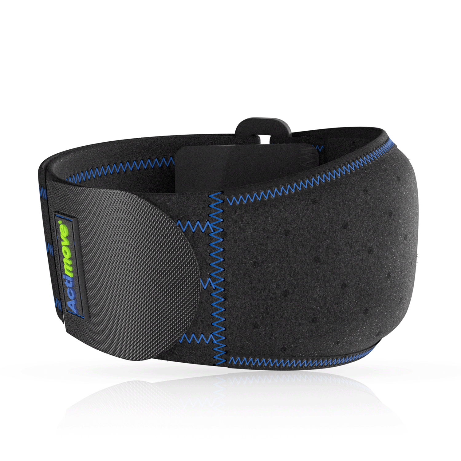 Actimove Sport Elbow Strap Hot/Cold Pack Universal: Product shot from the front. This elbow strap can be worn left or right and is supported by a removable therapeutic hot and cold pack. A secure fit is achieved by the silicone dot lining on the interior, so you do not have to worry about it sliding off.