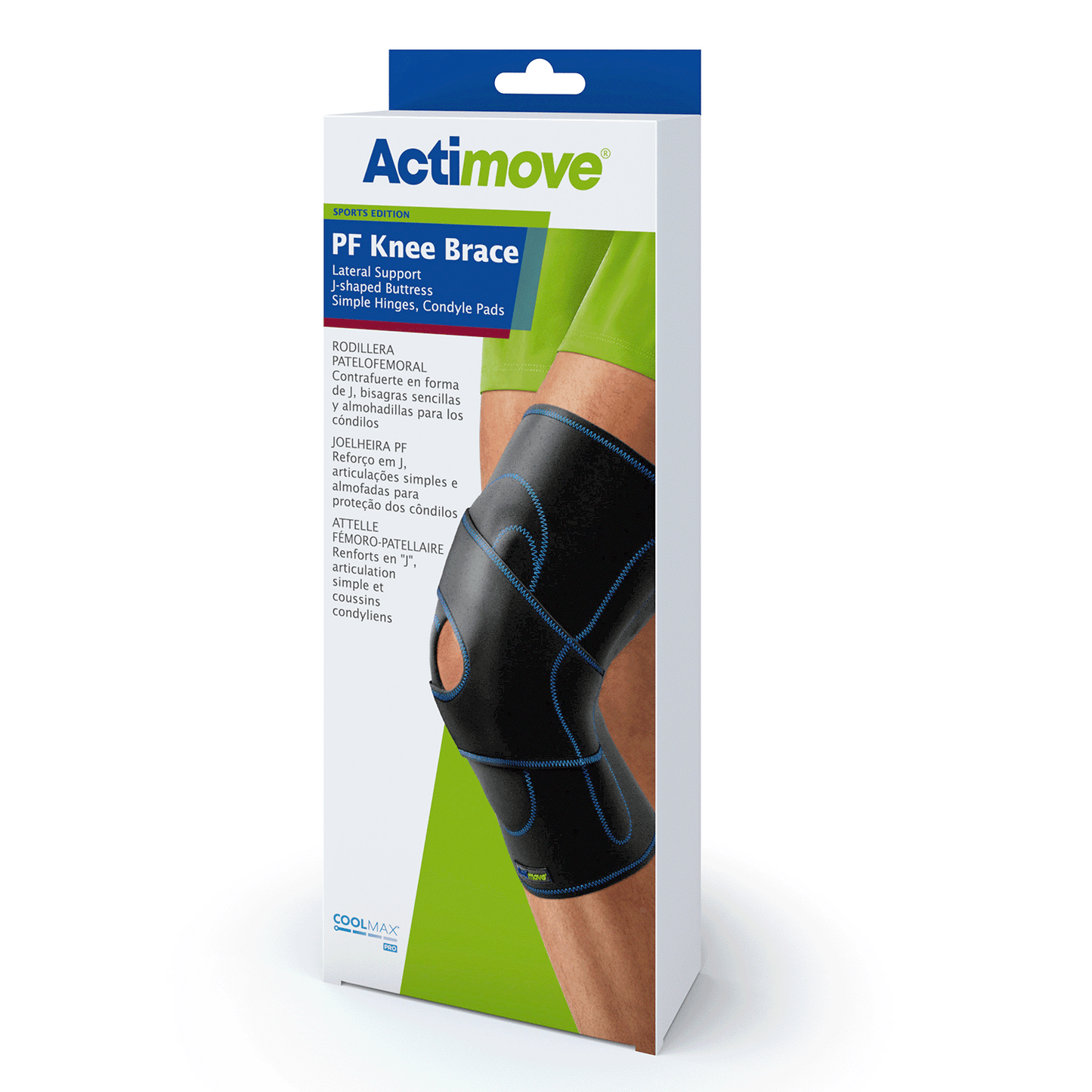 Actimove Sport Left PF Knee Brace Lateral Support Simple Hinges, Condyle Pads, J-shaped Buttress: Packaging