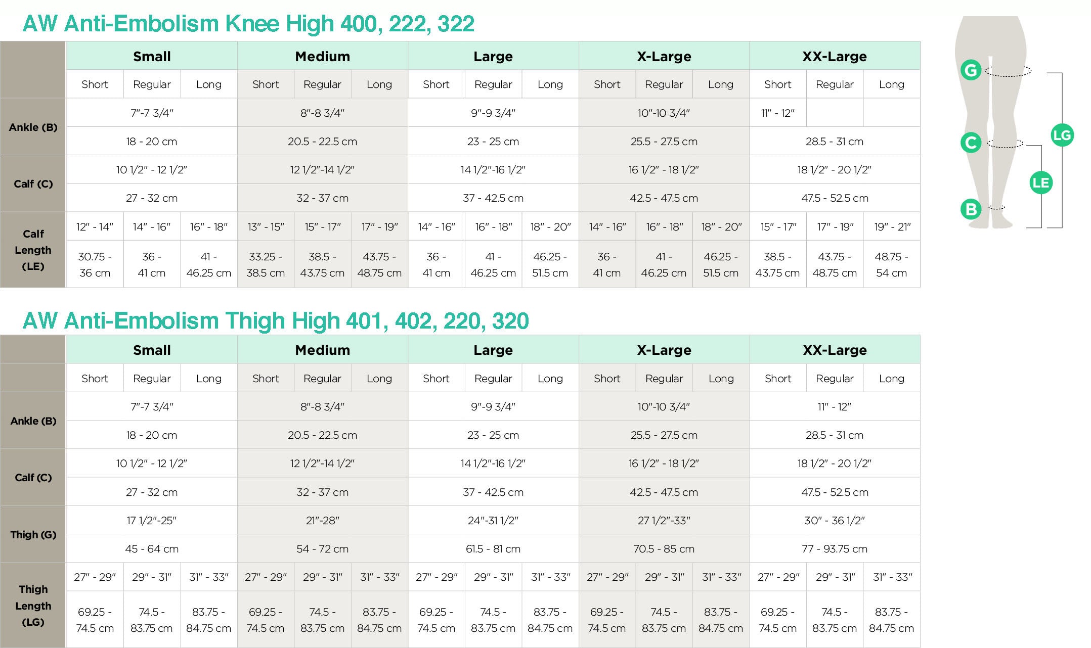 AW Anti-Embolism Knee and Thigh High Size Chart