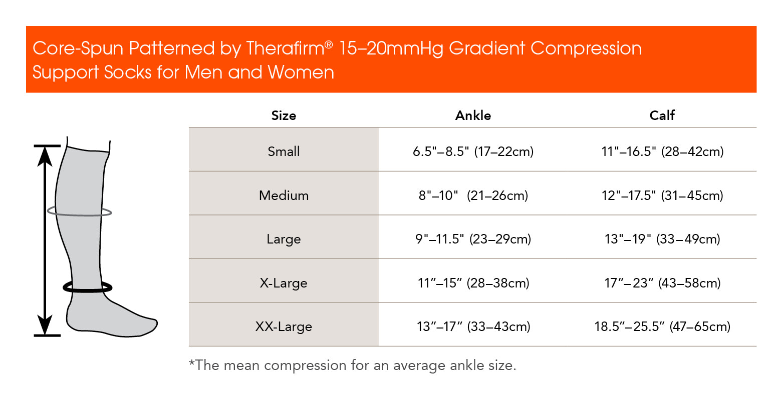 CoreSpun by Therafirm 15-20mmHg Patterned Support Socks Size Chart