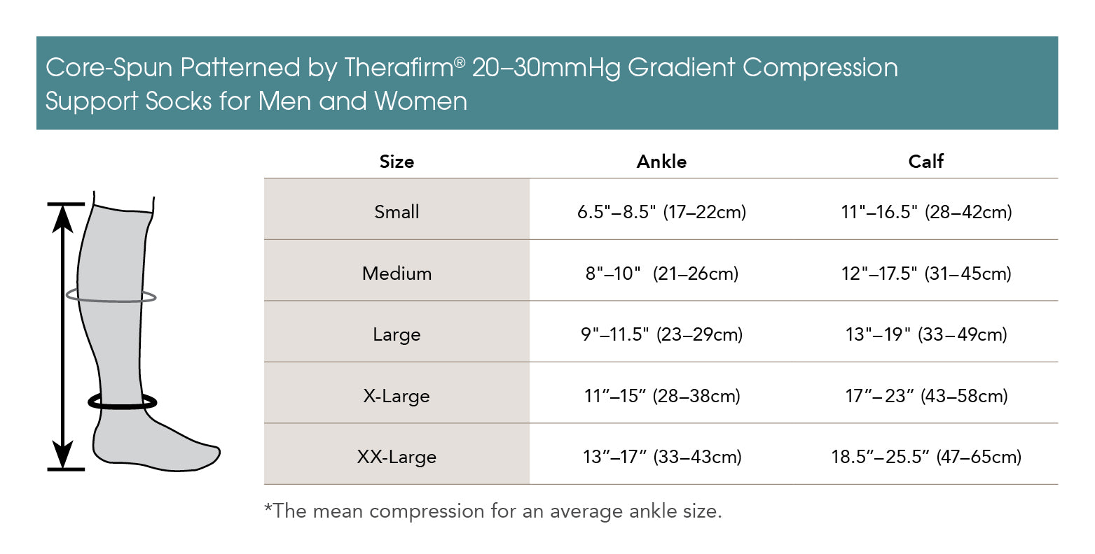 CoreSpun by Therafirm 20-30mmHg Patterned Support Socks Size Chart