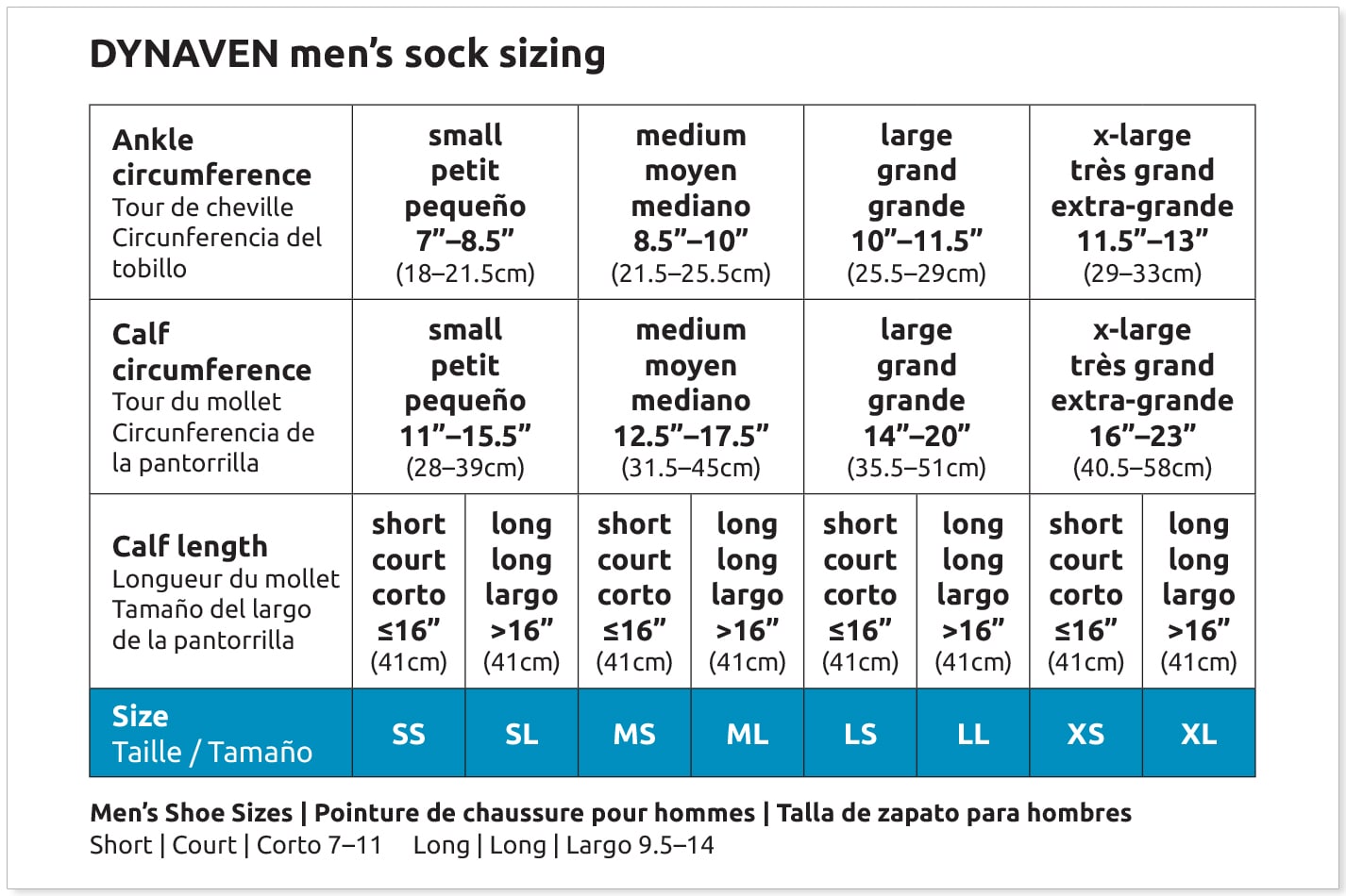 Dynaven Men's Socks Size Chart