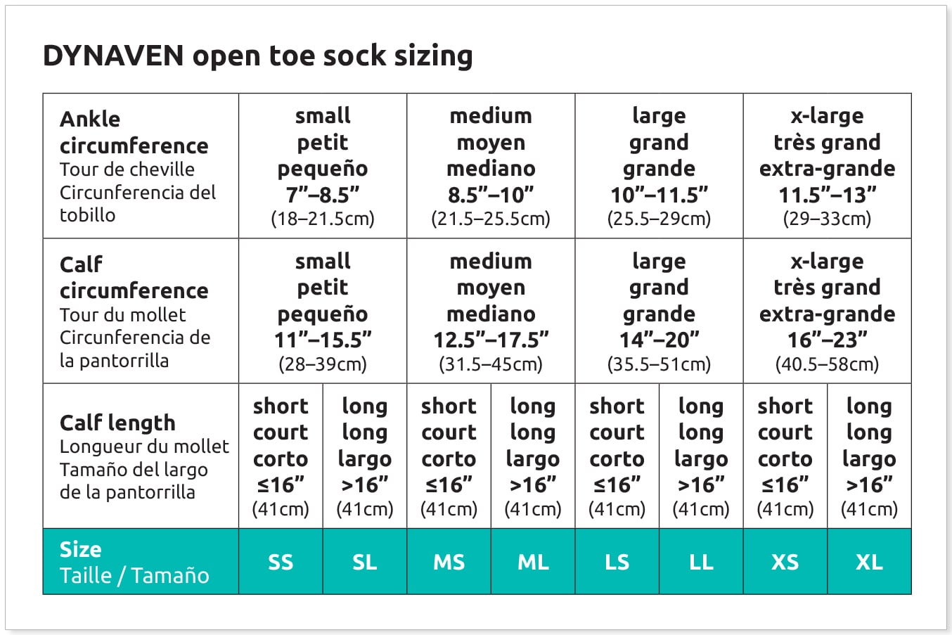 Dynaven Open Toe Sock Size Chart