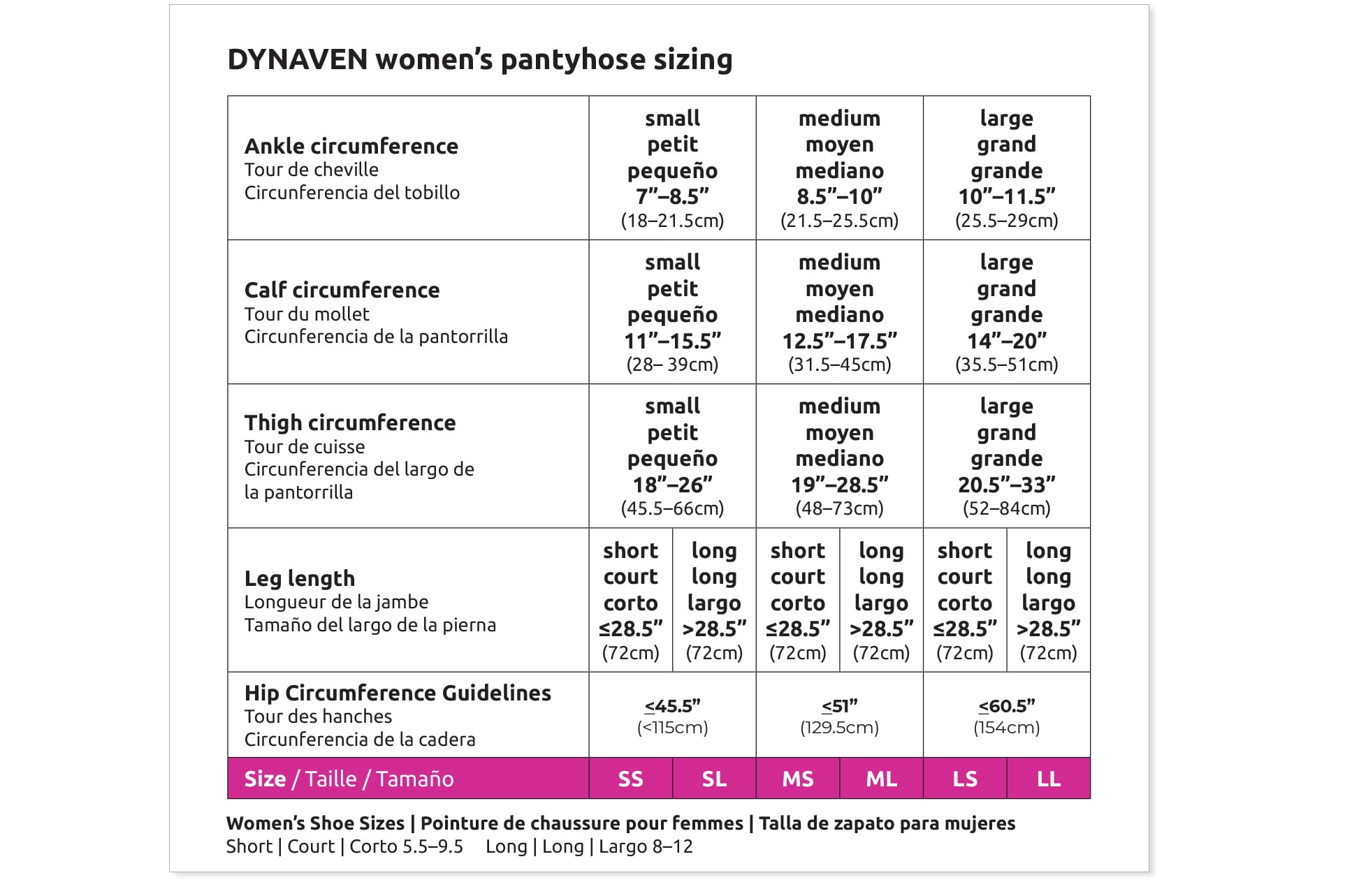 Dynaven Women's Pantyhose Size Chart