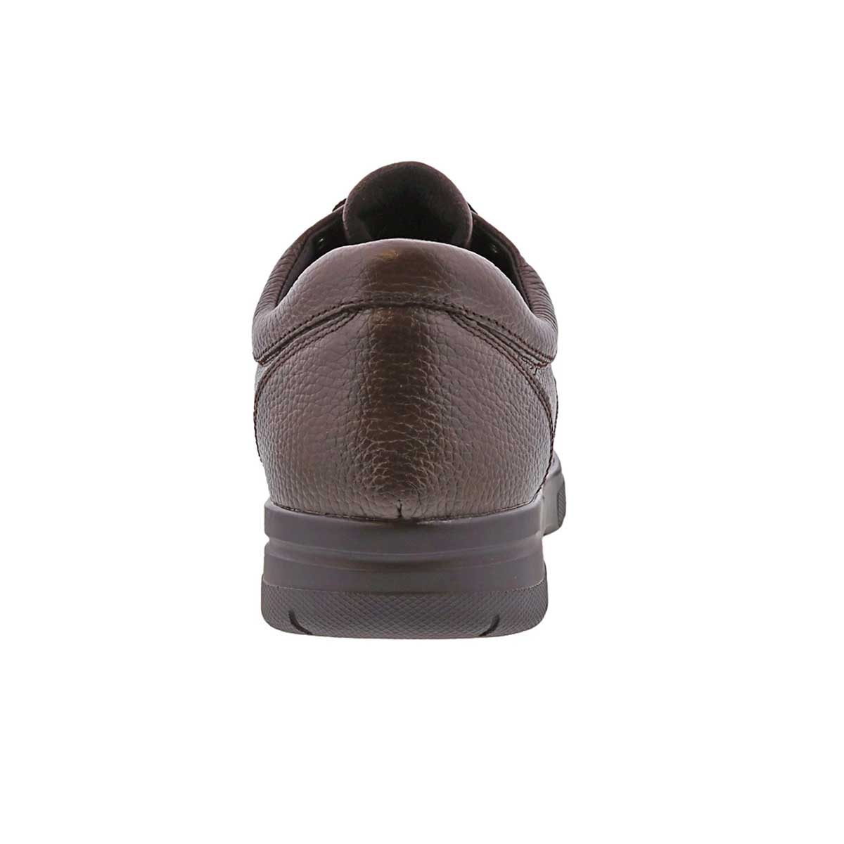 Back view of Drew Men's Walker II Casual Shoes in brown pebbled leather, highlighting the sturdy heel counter and classic design for all-day comfort.