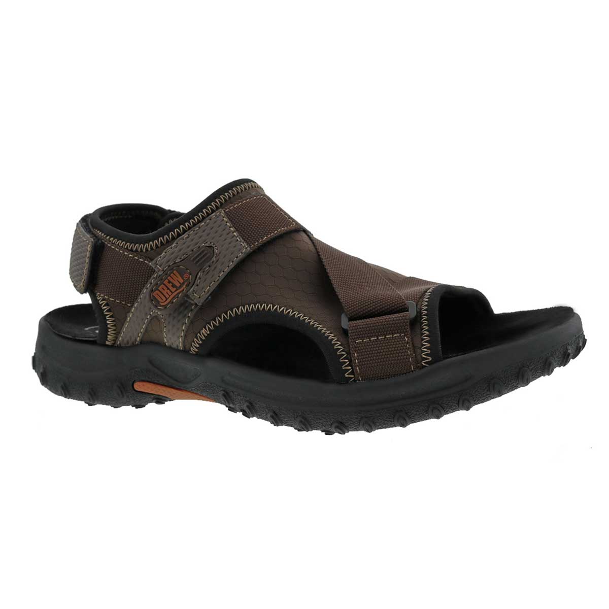 Angled view of Drew Men's Wander Sandals, emphasizing the ergonomic design and supportive arch.