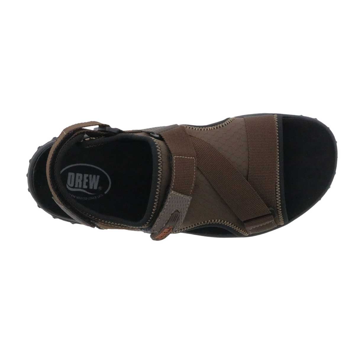 Top-down view of Drew Men's Wander Sandals, highlighting the rugged yet stylish brown leather design.