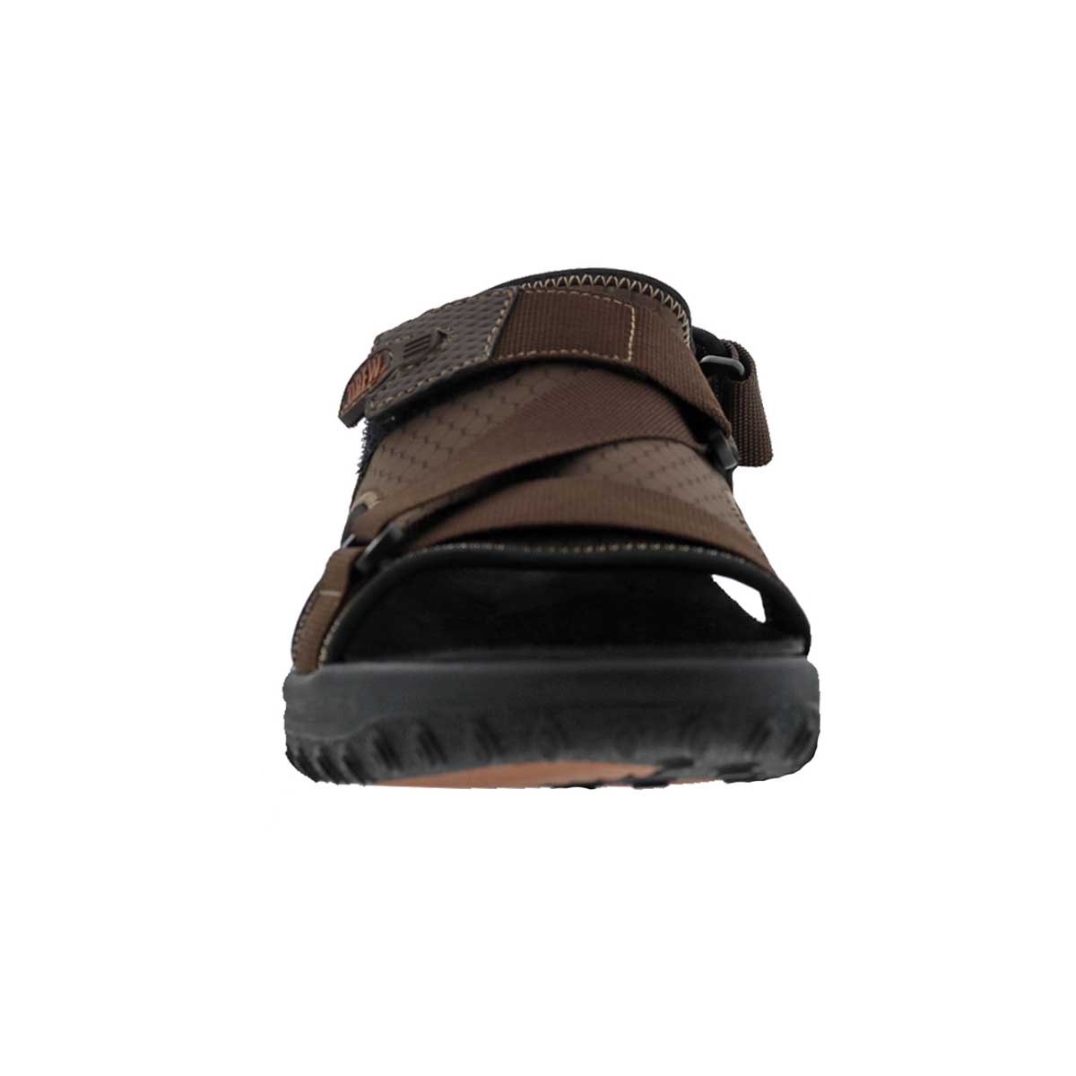 Front view of Drew Men's Wander Sandals, displaying the elegant brown leather upper and secure buckle closure.