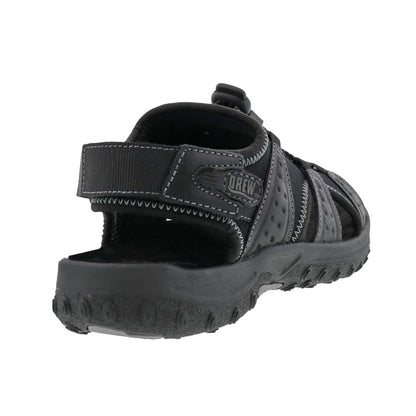 Back view of Drew Men's Waves Sandals in black leather, highlighting the secure heel strap and minimalist design for optimal comfort