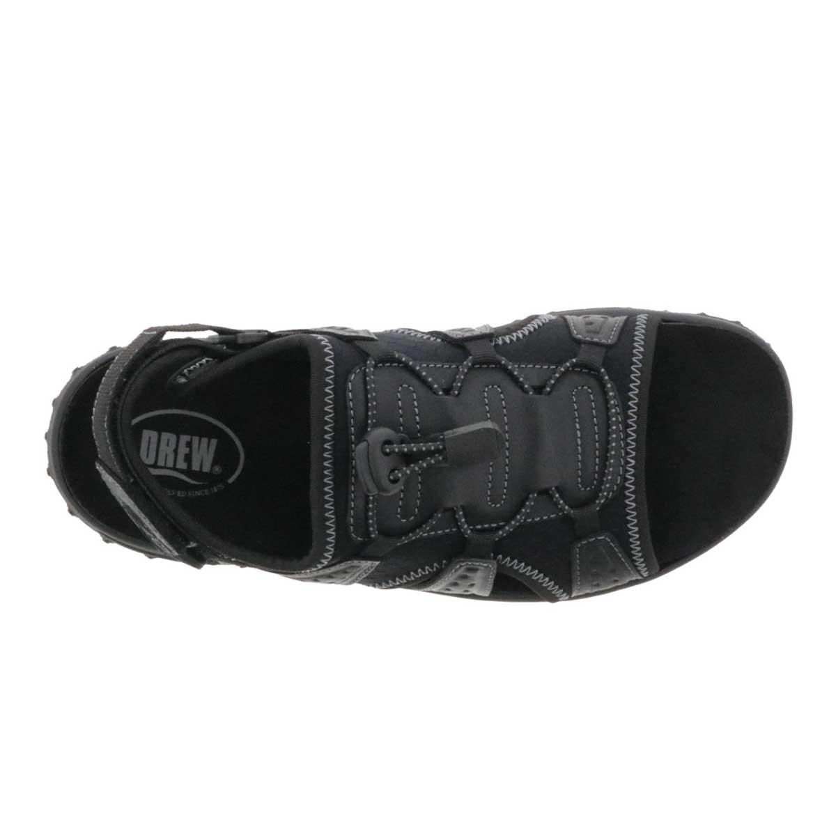 Top-down perspective of Drew Men's Waves Sandals, highlighting the smooth black leather finish.