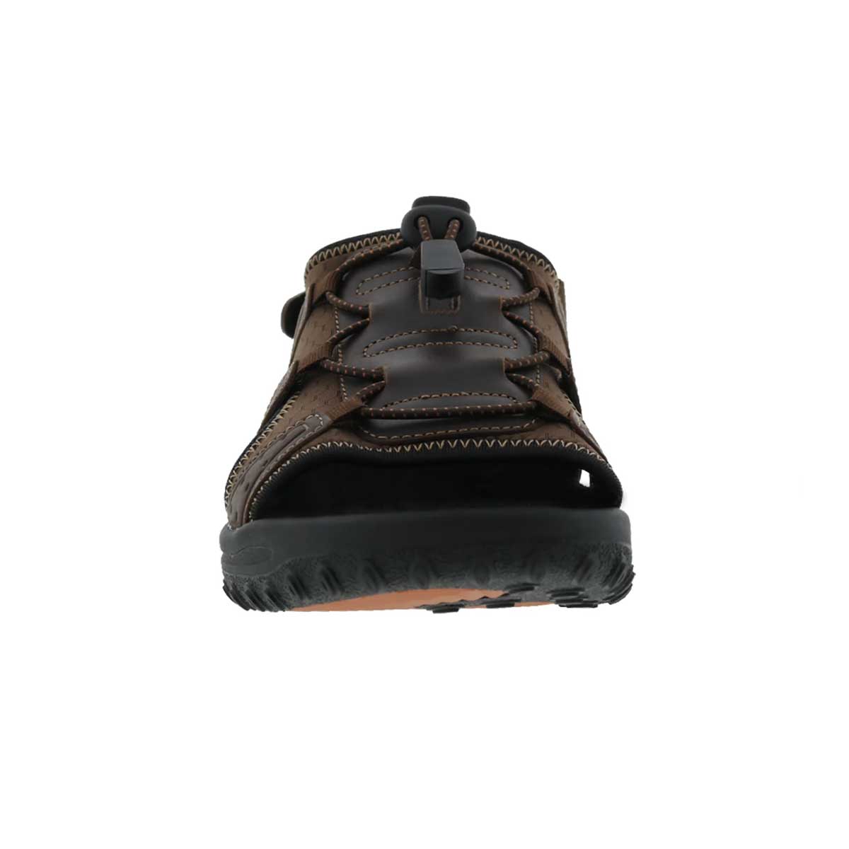 Front view of Drew Men's Waves Sandals, featuring a timeless brown leather finish.