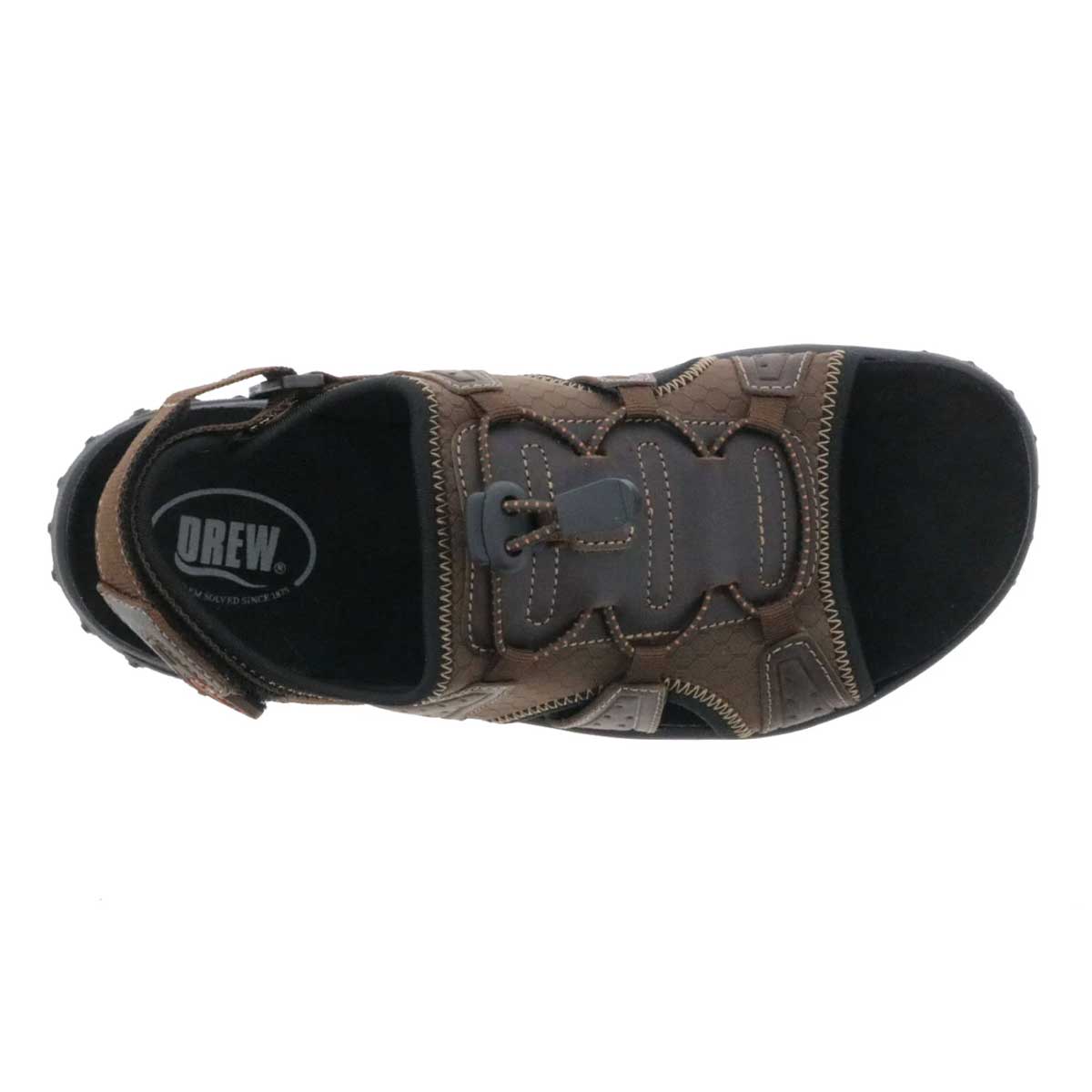 Top-down perspective of Drew Men's Waves Sandals, showcasing their warm brown hue.