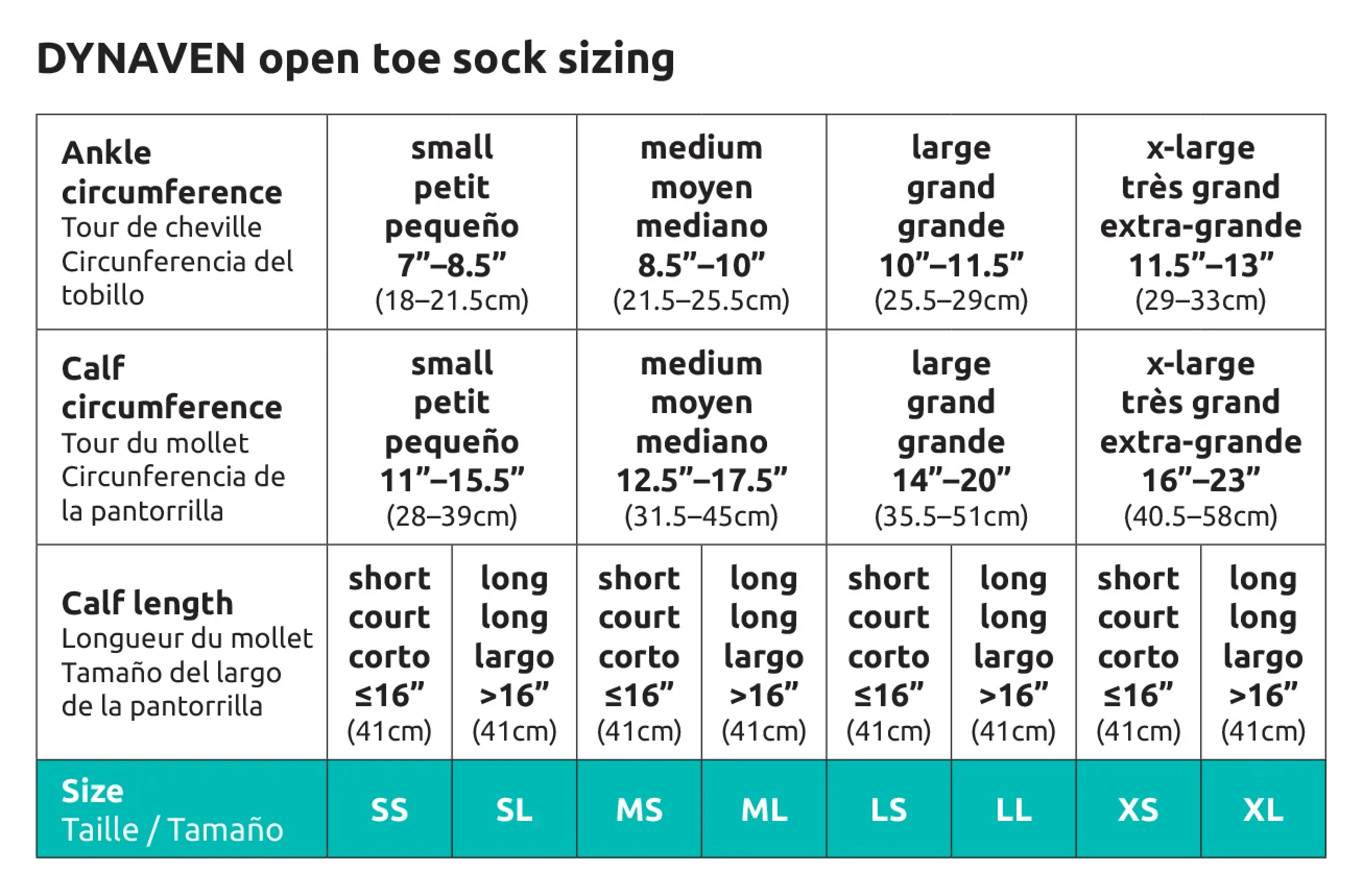 Dynaven Open Toe Sock Size Chart