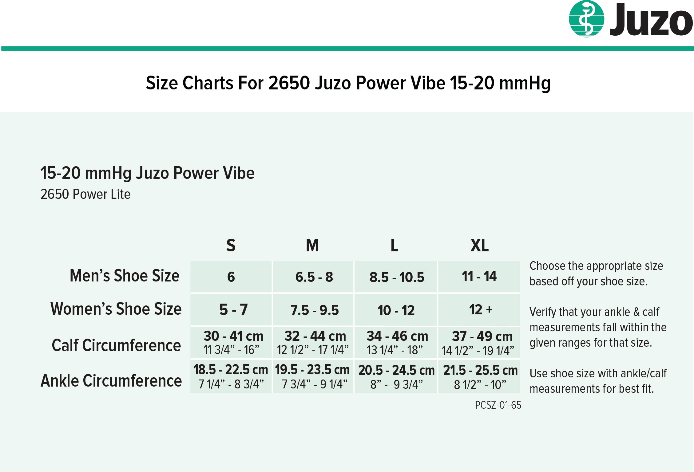 Juzo Power Vibe 15-20mmHg Size Chart