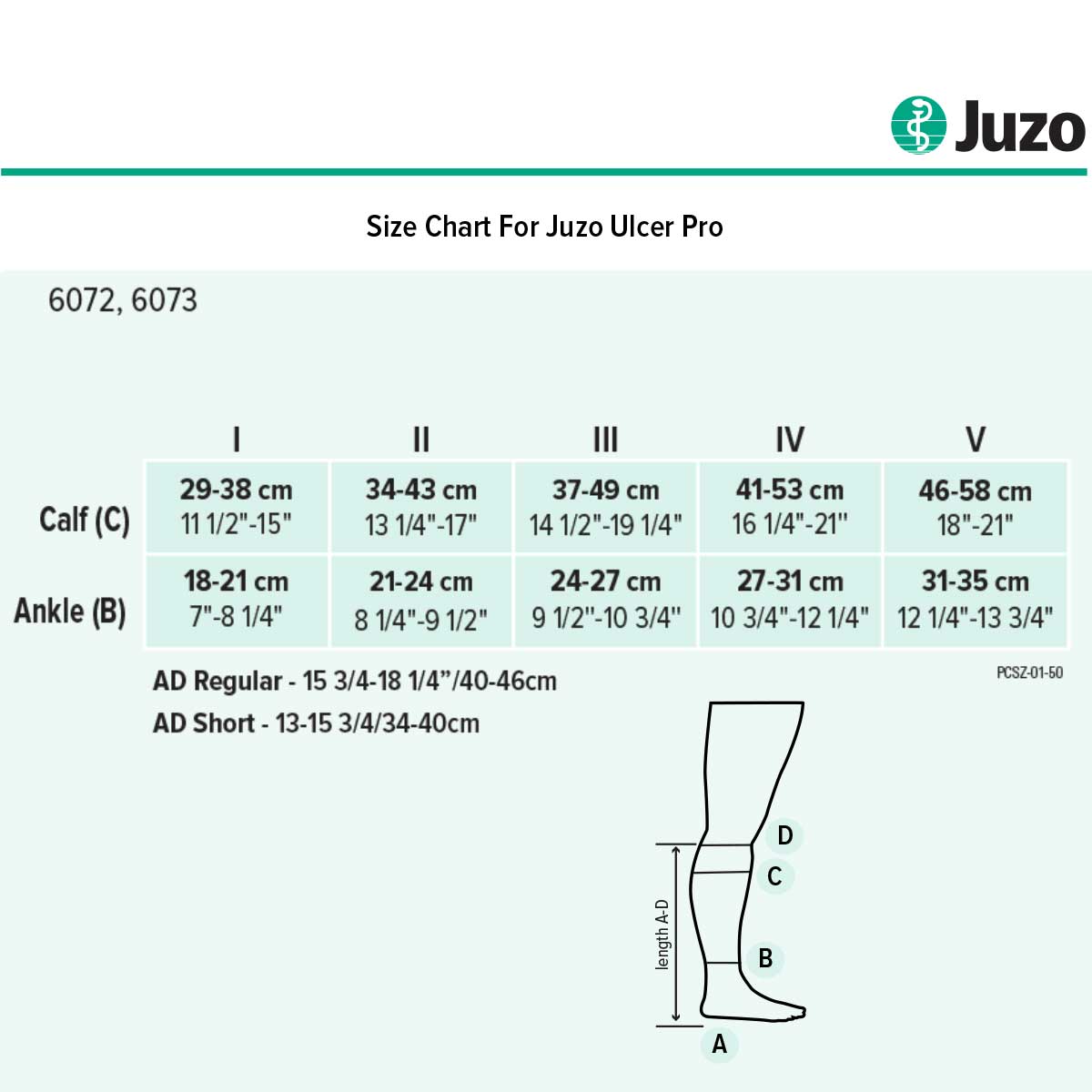 Juzo Ulcer Pro 6072/6073 Size Chart