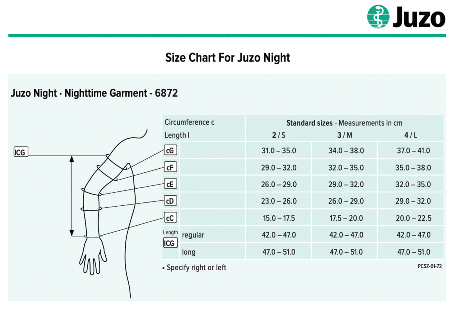 Juzo Night 6872 Nighttime Garment Size Chart