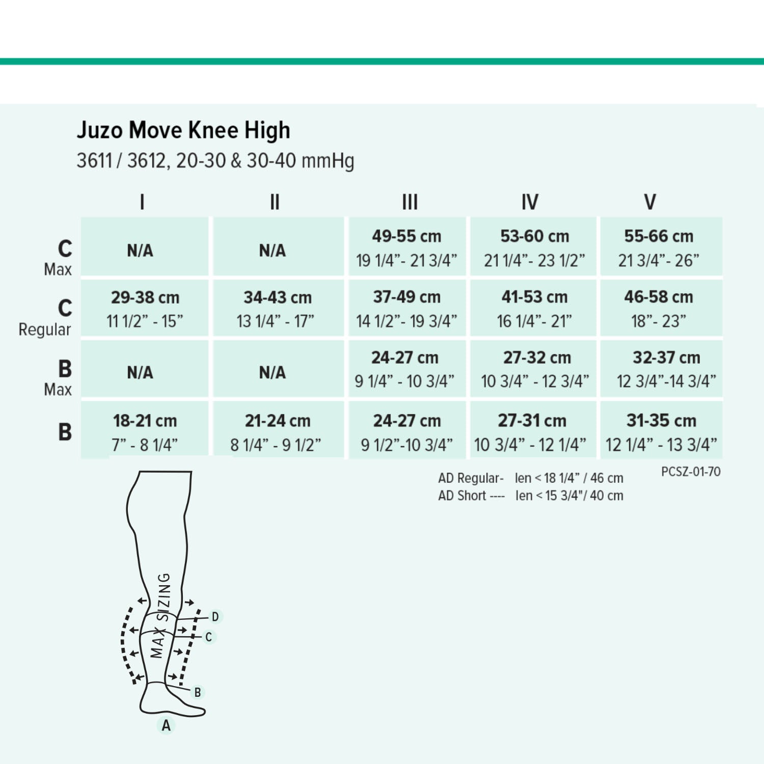 Juzo Move 3611/3612 20-30, 30-40mmHg Knee High Size Chart