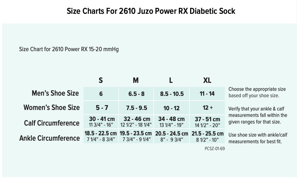 Juzo 2610 Power RX Diabetic Sock Size Chart