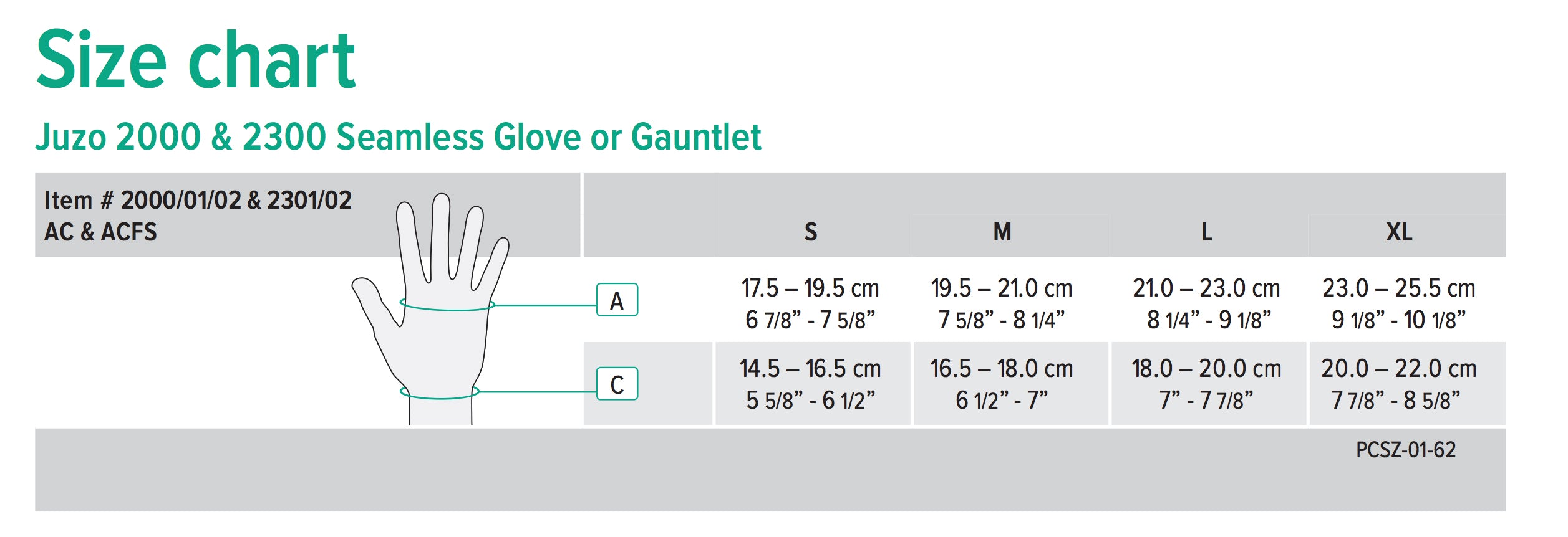 Juzo 2000 & 2300 Seamless Glove or Gauntlet Size Chart