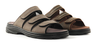 Group picture of two Hatcher sandals side-by-side from angled side view.