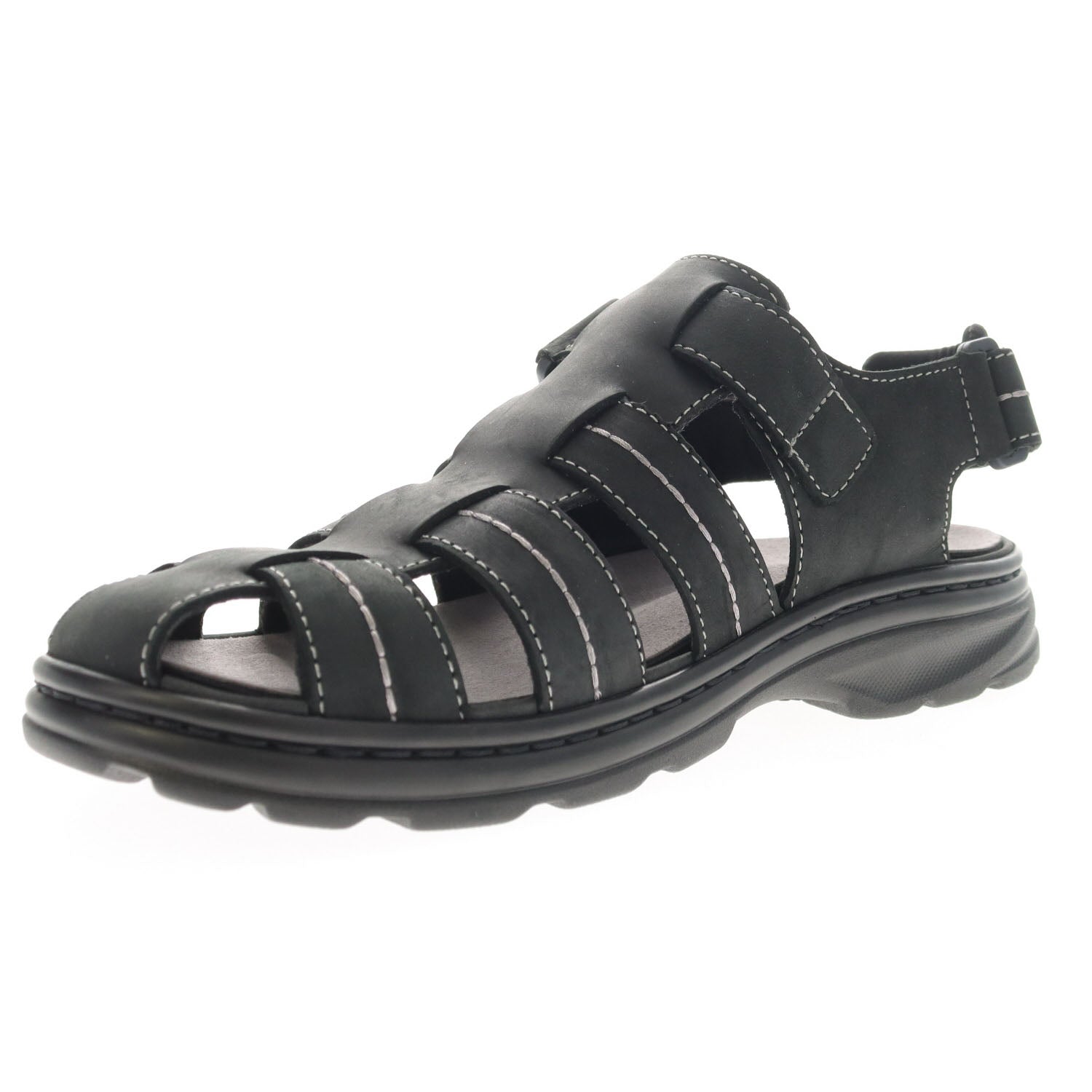 Black Hunter Fisherman Sandal with removable footbed, angled side view