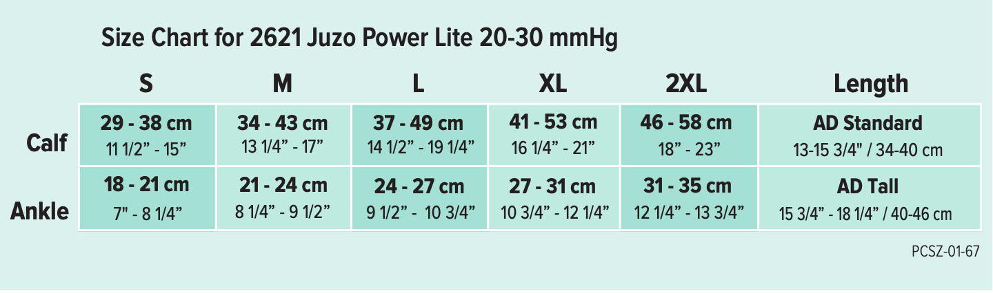 Juzo Power Lite 20-30mmHg 2621 Size Chart