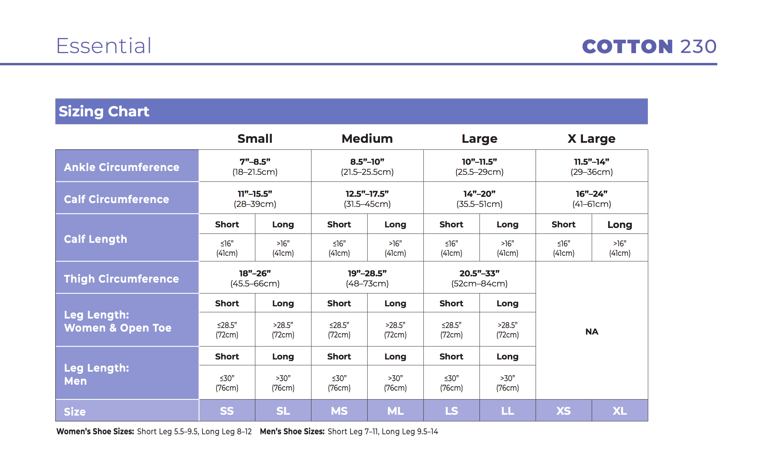 Sigvaris Essential Cotton 230 Size Chart