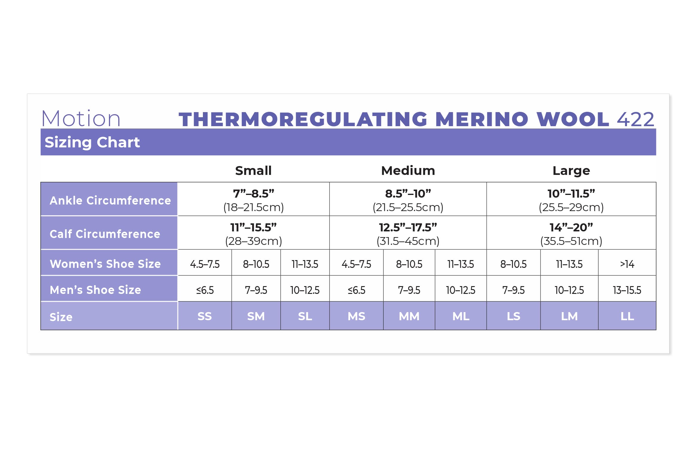 Sigvaris Motion 422 Thermoregulating Wool Sizing Chart