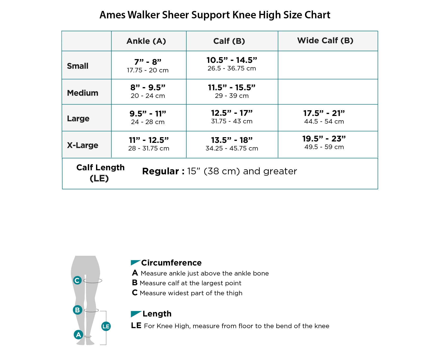 Ames Walker Sheer Support Knee High Size Chart