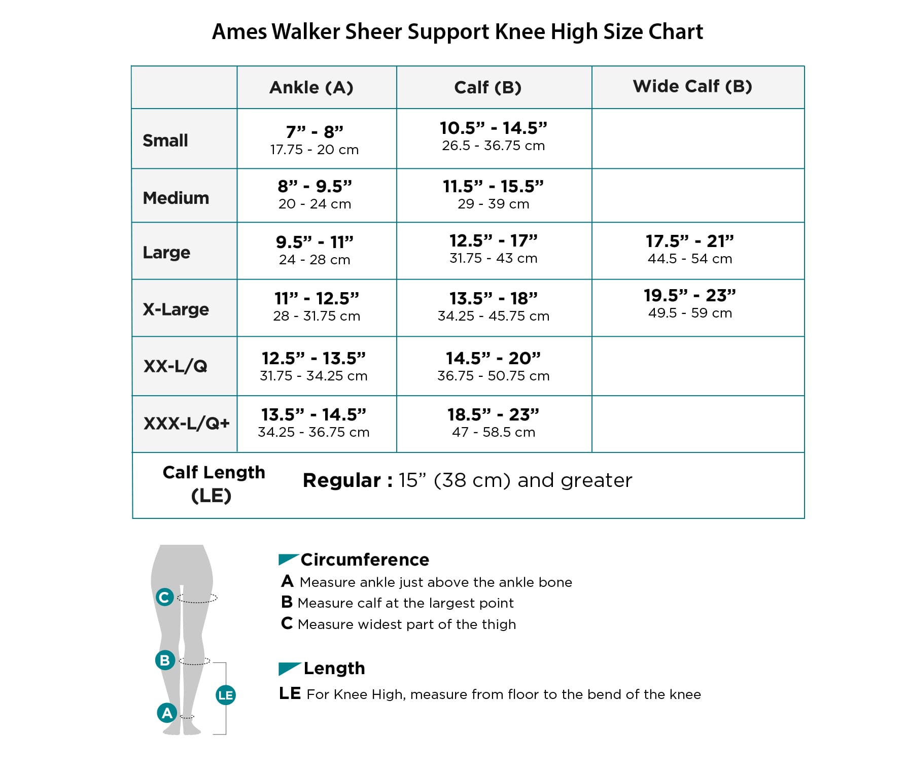 AW Style 16 Sheer Support Knee High Size Chart