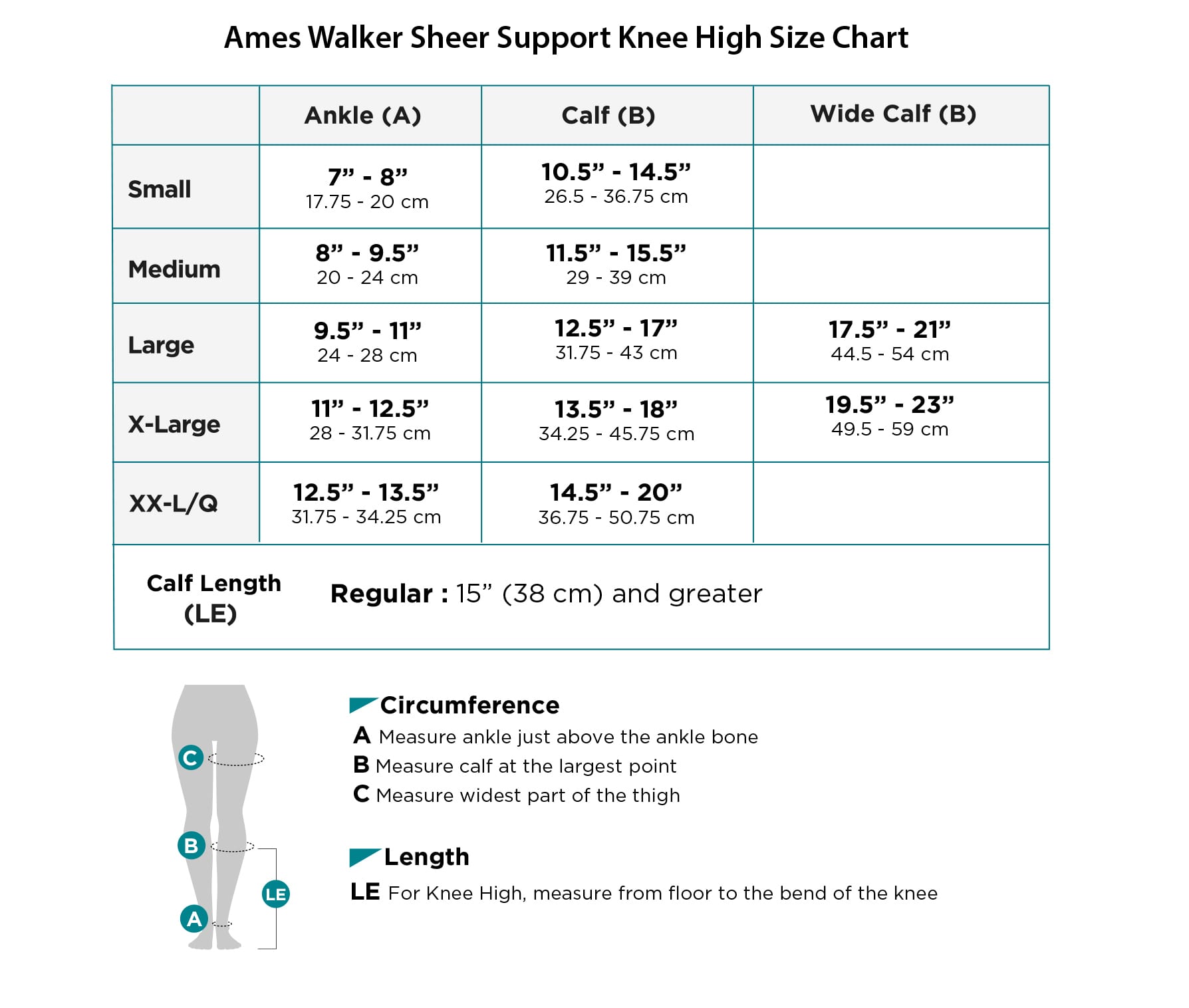 AW Style 18 Sheer Support Size Chart