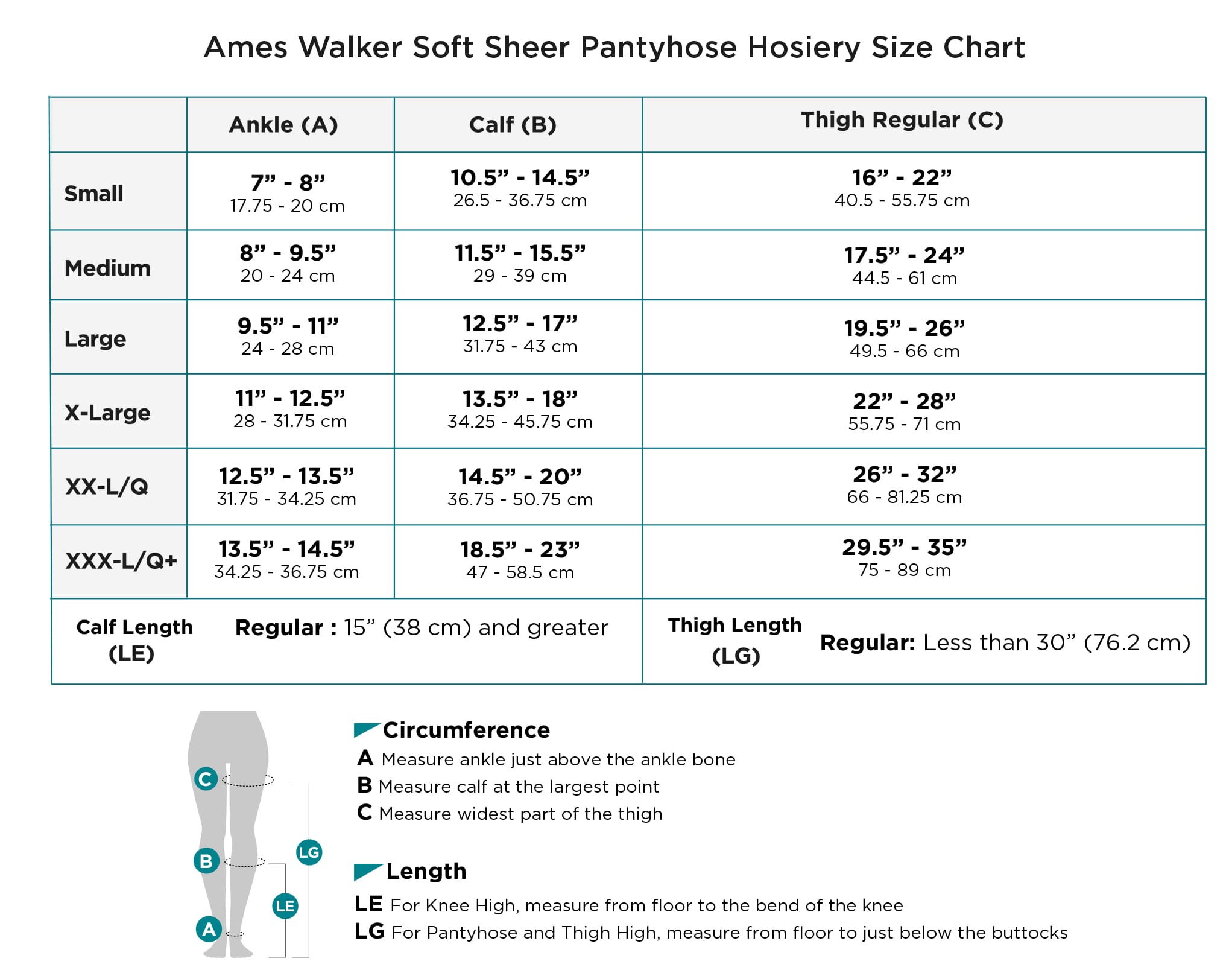 AW Soft Sheer Pantyhose Hosiery 78 Size Chart