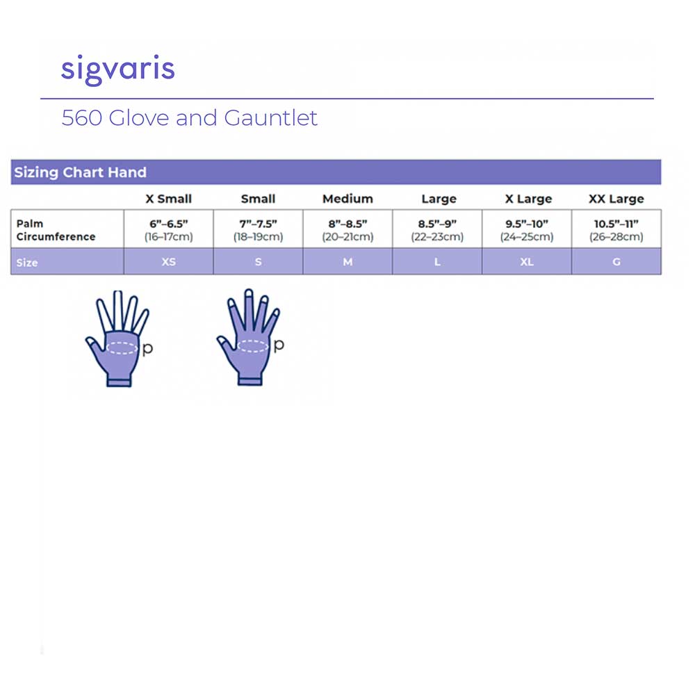 Sigvaris 560 Glove & Gauntlet Size Chart