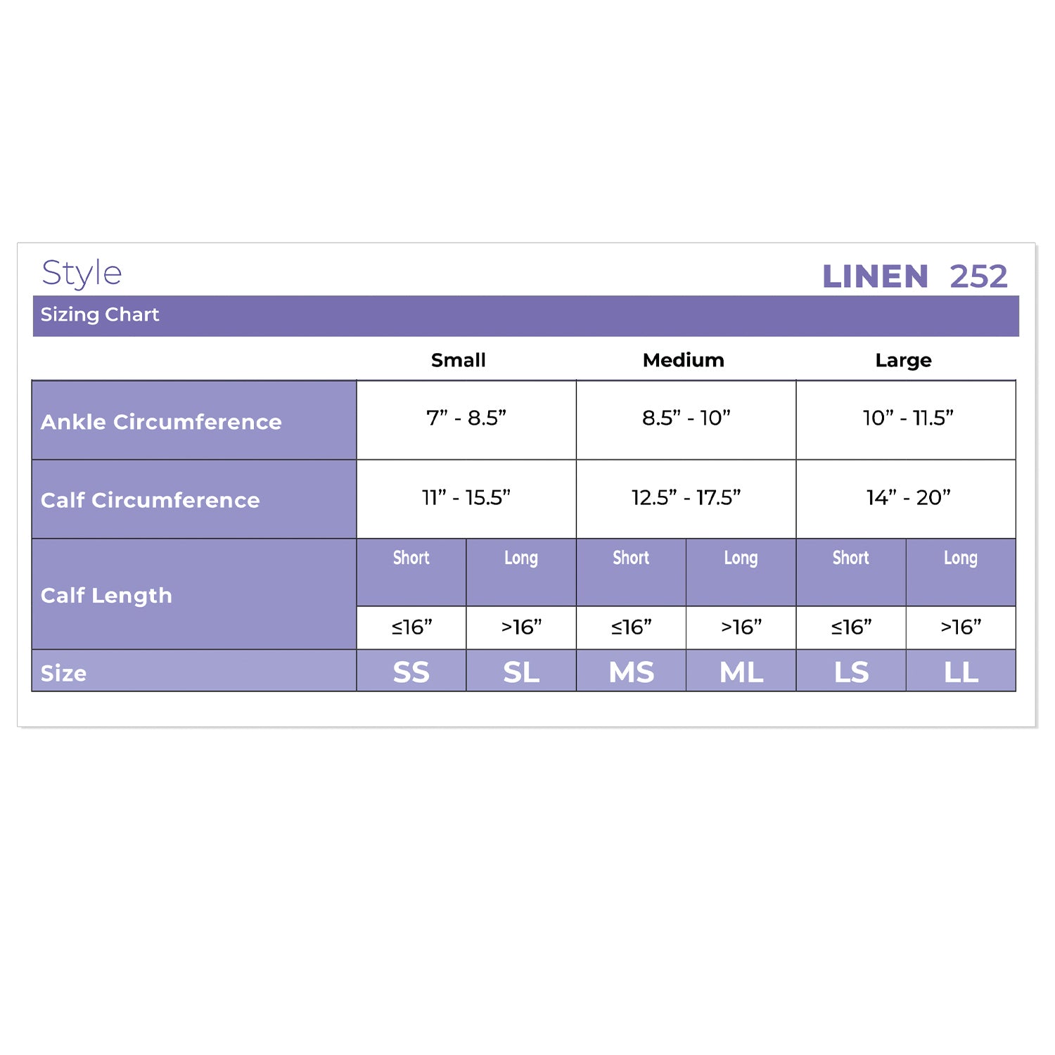 Sigvaris Style 252 Linen Knee High Size Chart