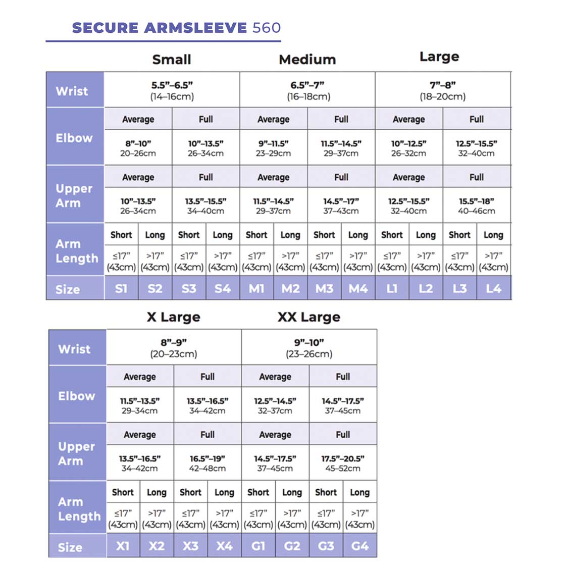 Secure Arm Sleeve 560 Size Chart