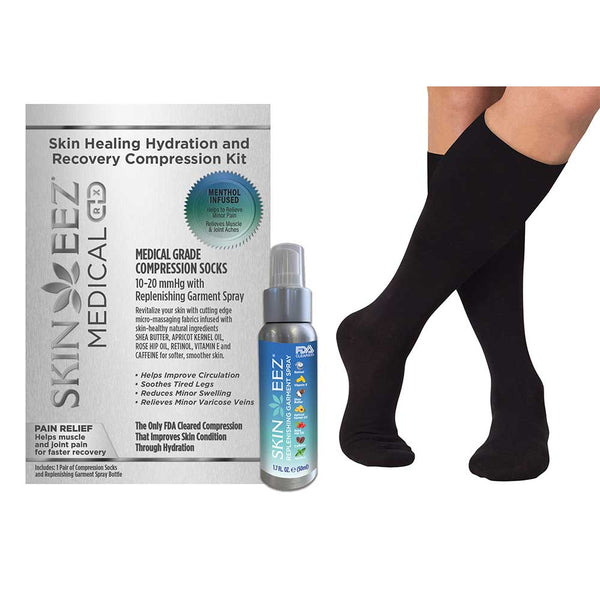 SkineezMD Medical Advanced Healing Compression Sock MENTHOL Kit w/MD Spray 10-20 mmHg Black
