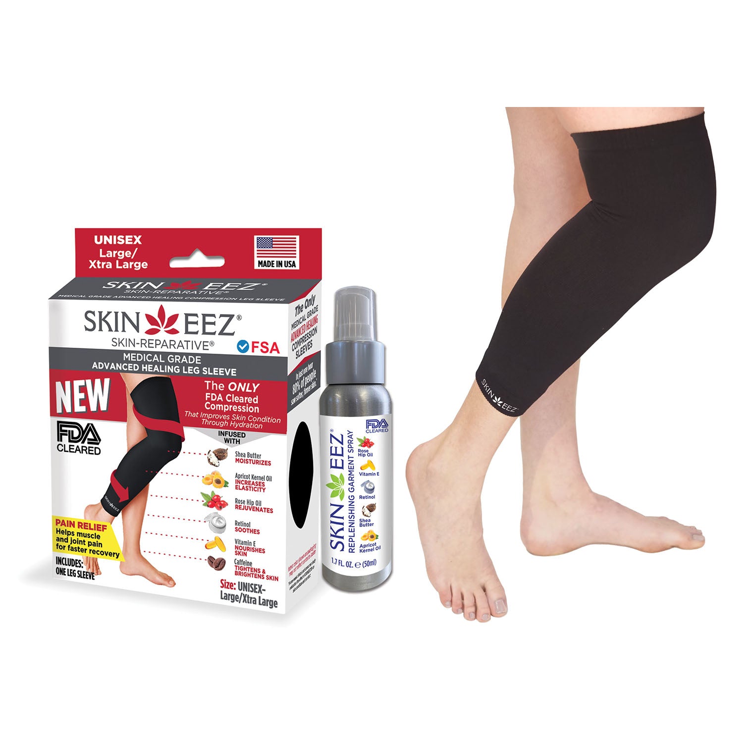 Skineez Medical Grade Compression Leg Sleeve Kit w/MD Spray