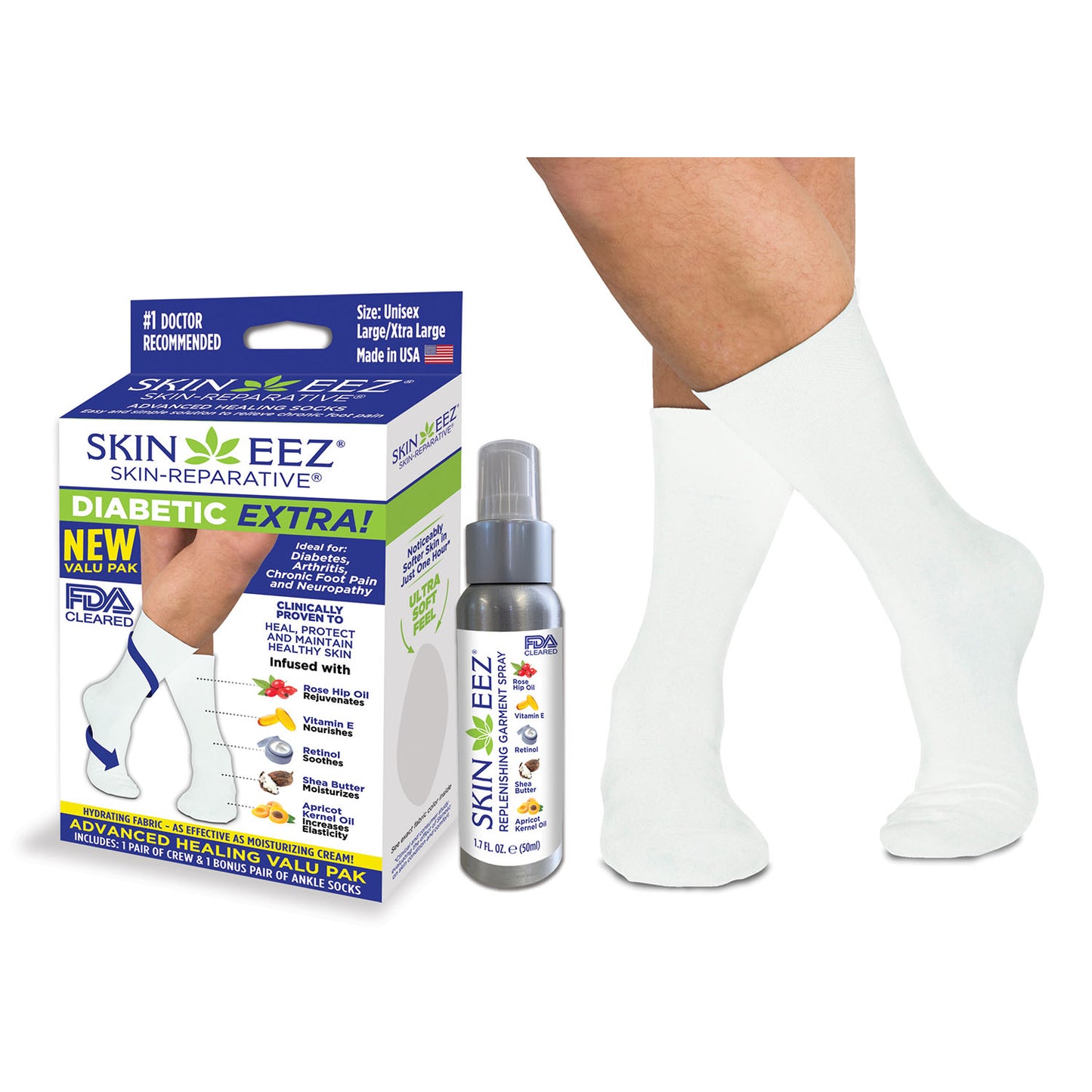 Skineez Hydrating Diabetic Sock 2 Pack Kit w/MD Spray White
