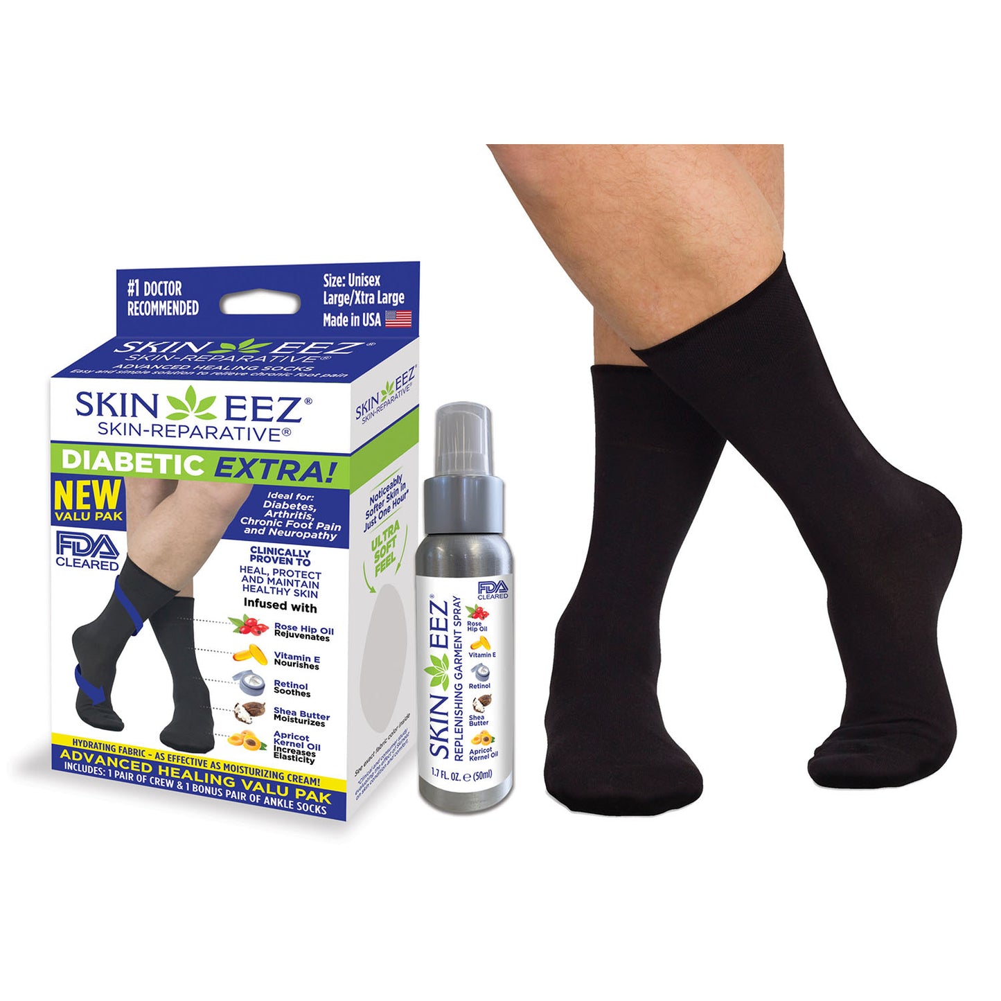 Skineez Hydrating Diabetic Sock 2 Pack Kit w/MD Spray