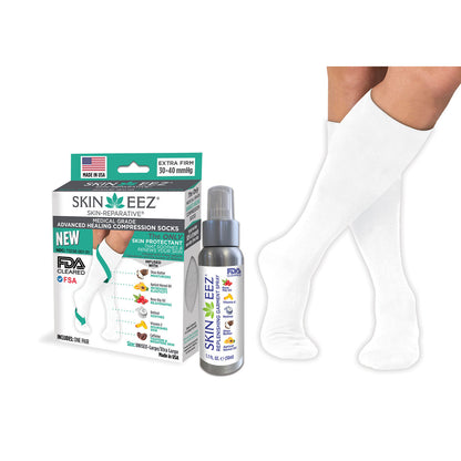 Skineez Advanced Healing Compression Sock Kit w/MD Spray 30-40 mmHg White
