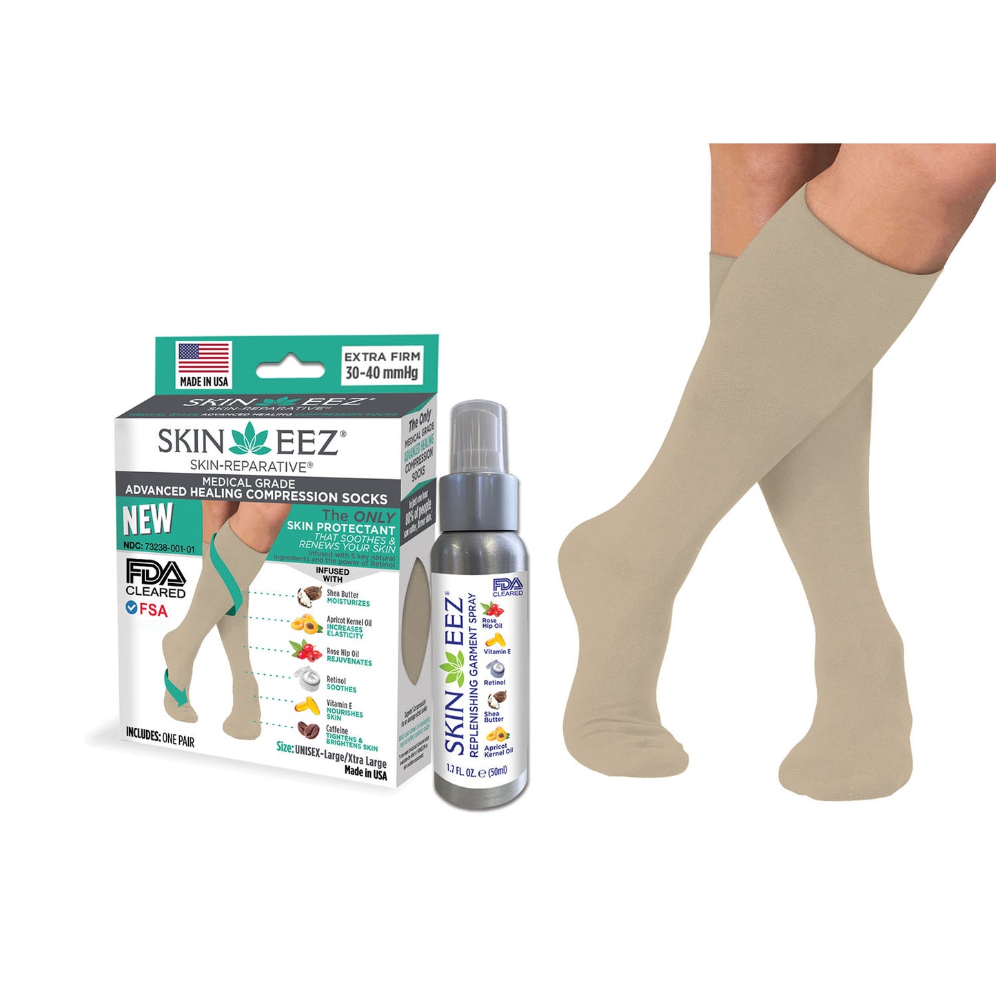 Skineez Advanced Healing Compression Sock Kit w/MD Spray 30-40 mmHg Tan
