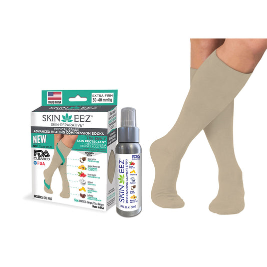 Skineez Advanced Healing Compression Sock Kit w/MD Spray 30-40 mmHg - Skineez Advanced Healing Compression Sock Kit w/MD Spray 30-40 mmHg Tan
