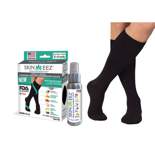 Skineez Advanced Healing Compression Sock Kit w/MD Spray 30-40 mmHg - Skineez Advanced Healing Compression Sock Kit w/MD Spray 30-40 mmHg Black